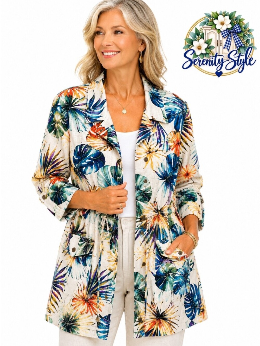 Chico’s Size 1 Medium 100% Linen Tropical Floral Utility Jacket Multicolor